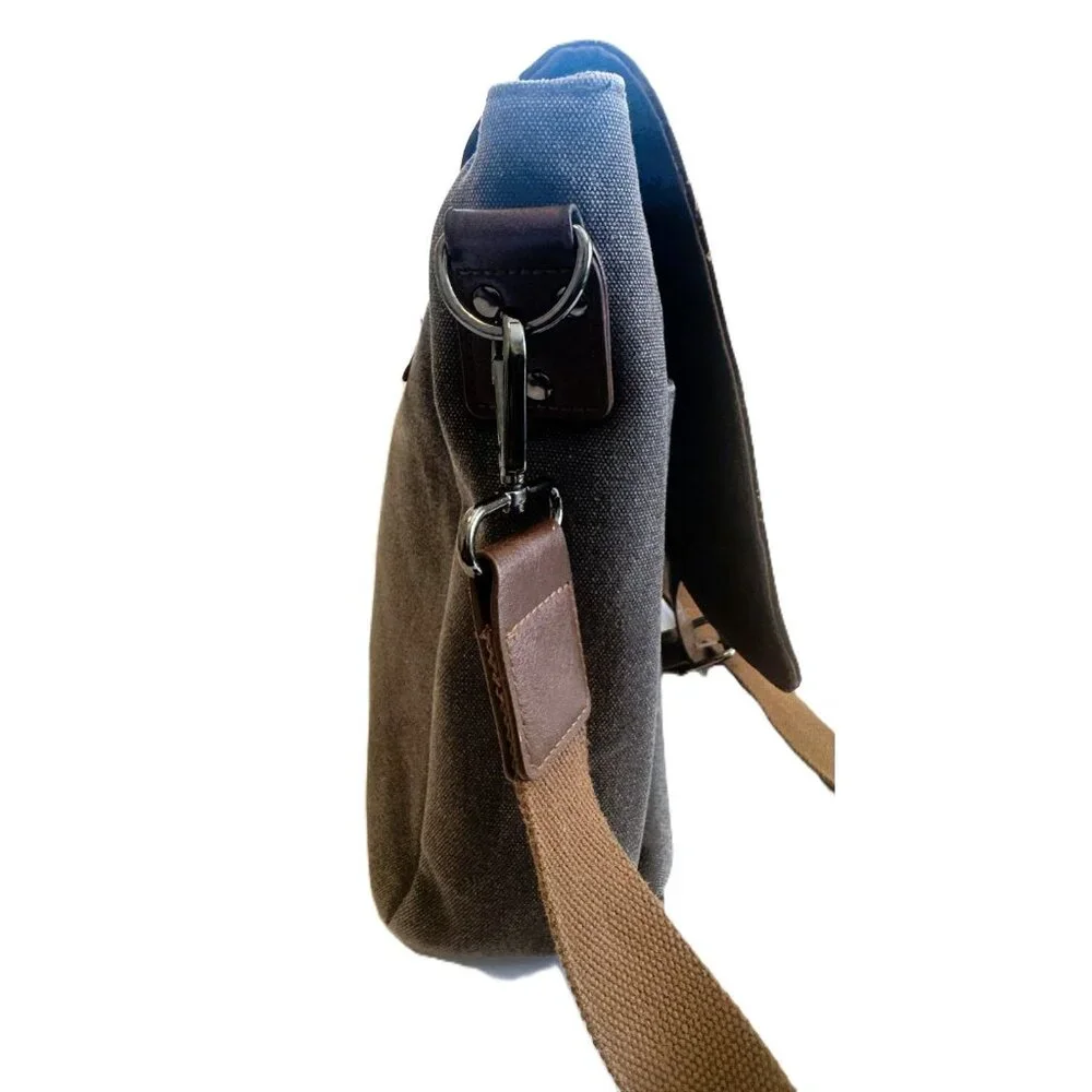 Vetelli Messenger, Laptop Computer Bag, Leather & Olive color canvas Adj strap